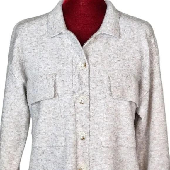 Lulus Everyday Cozy Heather Beige Knit Shacket Oversized Button-Up Sweater Small - Picture 3 of 12